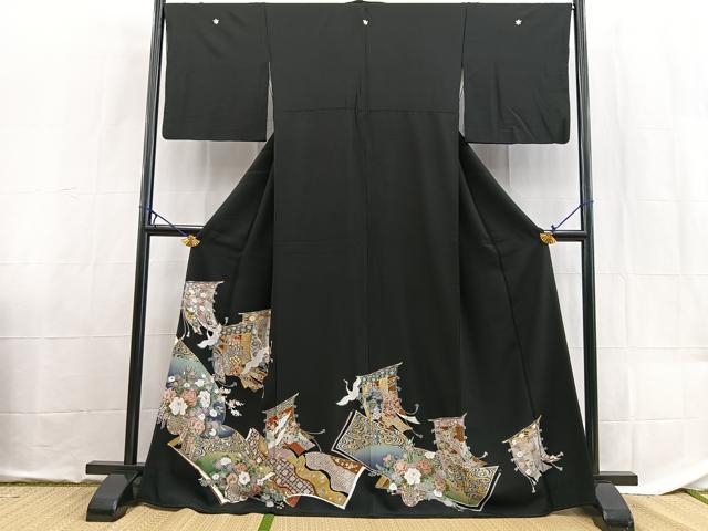 平和屋着物■豪華黒留袖 駒刺繍 飛鶴吉祥花文 金銀彩 正絹 逸品 BAAX9134yc