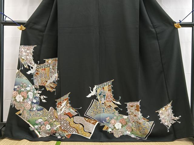 平和屋着物■豪華黒留袖 駒刺繍 飛鶴吉祥花文 金銀彩 正絹 逸品 BAAX9134yc