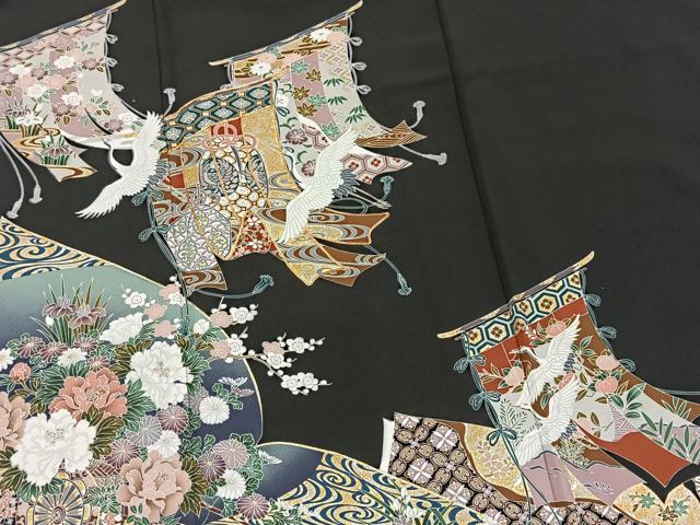 平和屋着物■豪華黒留袖 駒刺繍 飛鶴吉祥花文 金銀彩 正絹 逸品 BAAX9134yc