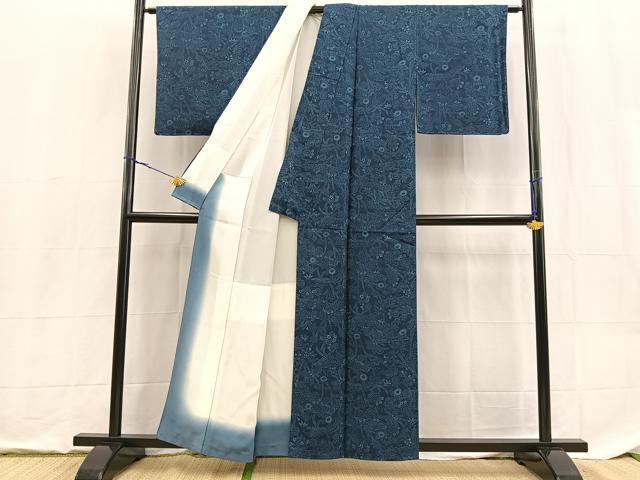 平和屋着物■上質な小紋 本藍 型絵染 草花文 正絹 逸品 BAAX9151yc