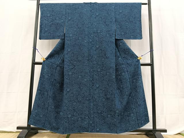 平和屋着物■上質な小紋 本藍 型絵染 草花文 正絹 逸品 BAAX9151yc