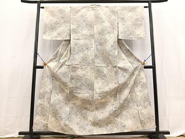 平和屋着物▽上質な紬 単衣 草花文 正絹 逸品 BAAX9173yc