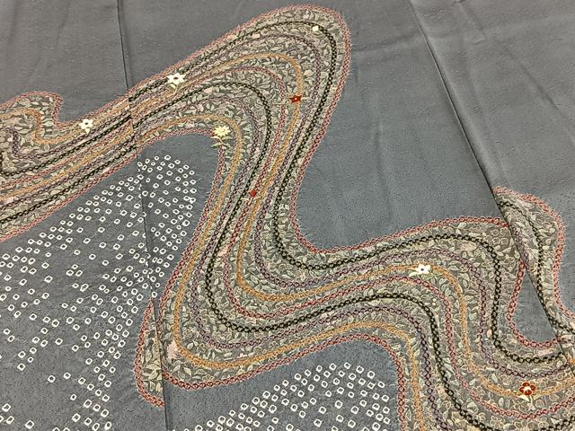 平和屋着物■訪問着 絞り 刺繍 流水花文 金糸 正絹 逸品 BAAX9203yc