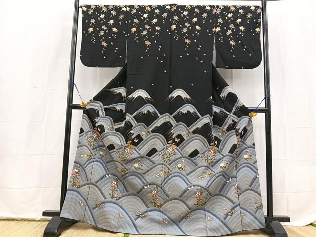 平和屋着物■訪問着 立波花蝶文 黒地 金彩 洗える着物 BAAX9276yc