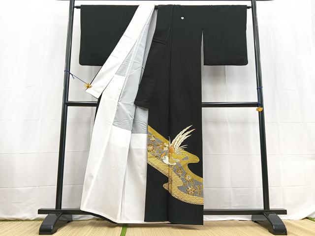 平和屋着物■黒留袖 刺繍 尾長鳥更紗花文 金彩 銀糸 洗える着物 BAAX9321yc