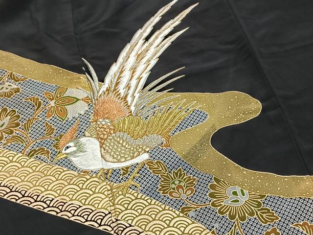 平和屋着物■黒留袖 刺繍 尾長鳥更紗花文 金彩 銀糸 洗える着物 BAAX9321yc