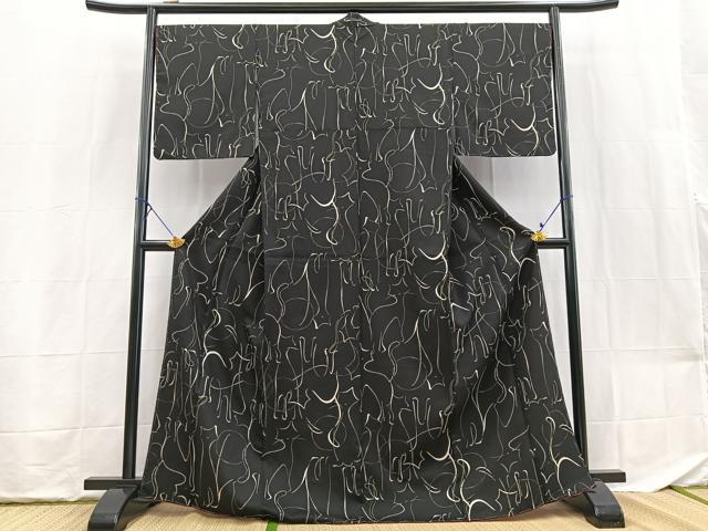 平和屋着物●小紋 猫 黒地 洗える着物 未使用 BAAX9347yc