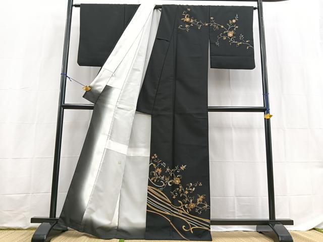 平和屋着物■訪問着 更紗花文 黒地 金銀彩 洗える着物 BAAX9351yc