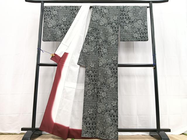 平和屋着物■小紋 草花文 黒地 洗える着物 BAAX9366yc