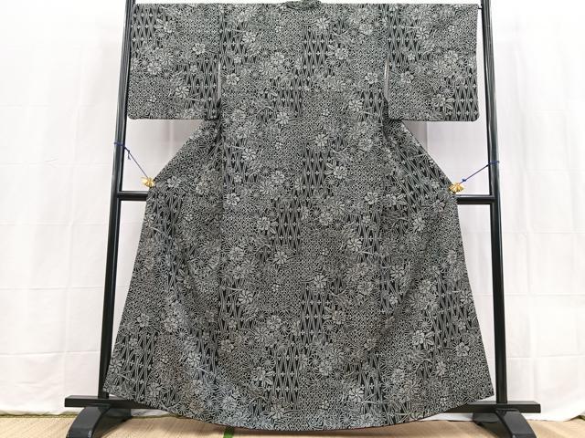 平和屋着物■小紋 草花文 黒地 洗える着物 BAAX9366yc