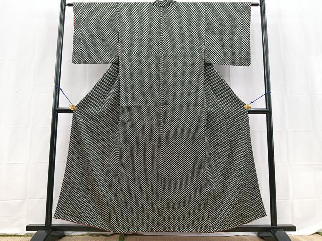 平和屋着物■小紋 背抜き仕立て 鹿の子文様 黒地 洗える着物 BAAX9379yc