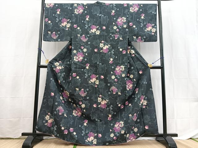 平和屋着物■小紋 楓菊花文 洗える着物 未使用 BAAX9399yc