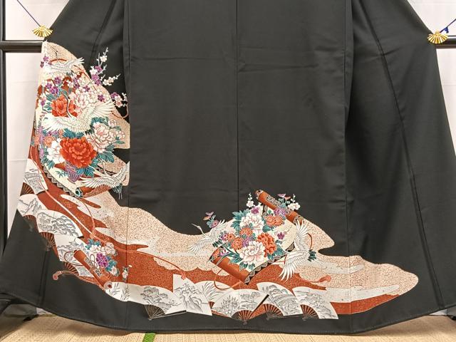 平和屋着物■黒留袖 飛鶴吉祥花文 洗える着物 BAAX9443yc