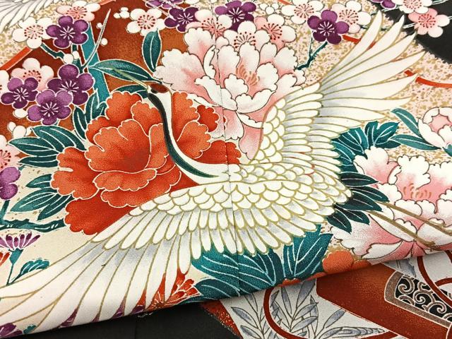 平和屋着物■黒留袖 飛鶴吉祥花文 洗える着物 BAAX9443yc