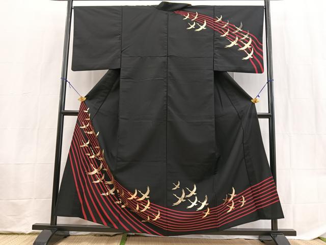 平和屋着物▽男性 訪問着 単衣 飛鶴文 黒地 金彩 洗える着物 BAAX9445yc