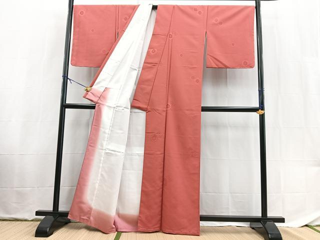 平和屋着物■色無地 亀甲花菱地紋 銀朱色 洗える着物 未使用 BAAX9447yc