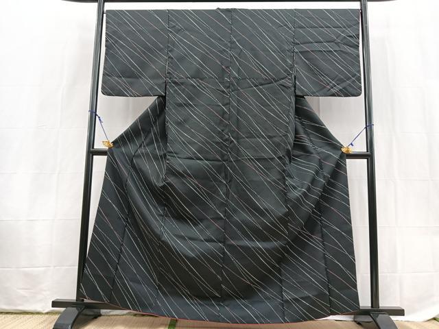 平和屋着物■小紋 斜線文 黒地 洗える着物 BAAX9449yc