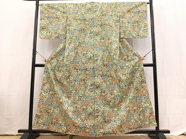 平和屋着物■小紋 草花文 黒地 洗える着物 未使用 BAAX9451yc