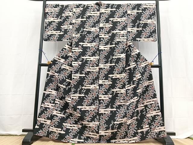 平和屋着物■小紋 エ霞桜文 黒地 洗える着物 BAAX9472yc
