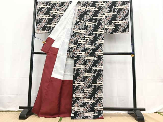 平和屋着物■小紋 エ霞桜文 黒地 洗える着物 BAAX9472yc