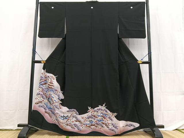 平和屋着物■黒留袖 松竹梅風景文 金彩 洗える着物 BAAX9509yc