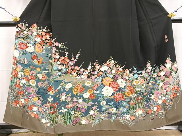 平和屋着物■豪華黒留袖 友禅 作家物 鴛鴦花文 正絹 逸品 BAAX9516yc