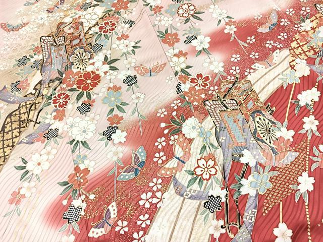 平和屋着物■豪華振袖 駒刺繍 御所車花蝶文 暈し染め 金彩 正絹 逸品 BAAX9525yc