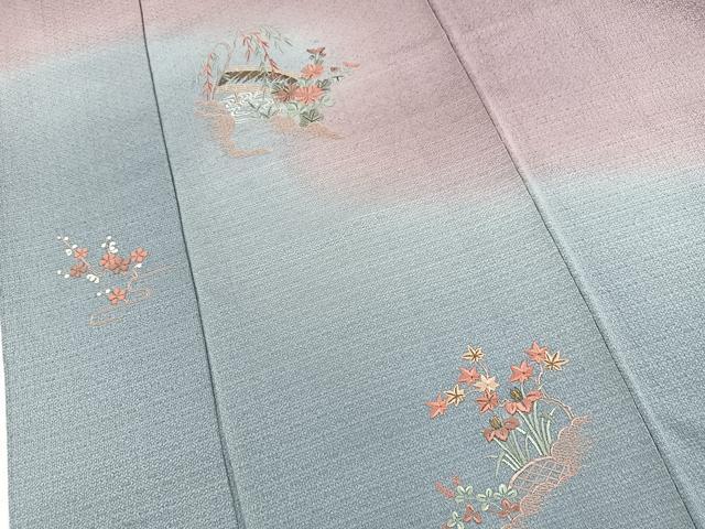 平和屋着物■訪問着 総刺繍 渡り橋花文 暈し染め 金彩 正絹 逸品 BAAX9529yc