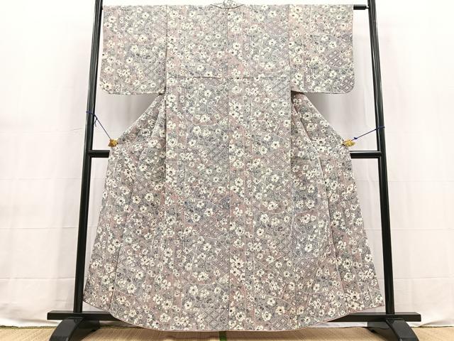 平和屋着物■上質な小紋 切嵌花文 鬼しぼ縮緬 正絹 逸品 BAAX9541yc