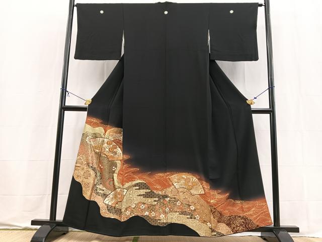 平和屋着物■豪華黒留袖 地紙更紗花文 暈し染め 金銀彩 正絹 逸品 BAAX9551yc