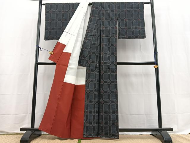 平和屋着物■本場大島紬 アンサンブル 幾何学文様 池田絹織物謹製 証紙付き 正絹 逸品 未使用 BAAX9566yc