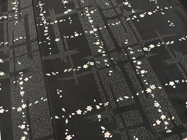 平和屋着物●上質な小紋 市松草花文 黒地 正絹 逸品 BAAX9590yc