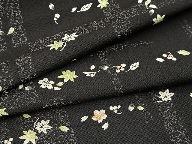 平和屋着物●上質な小紋 市松草花文 黒地 正絹 逸品 BAAX9590yc