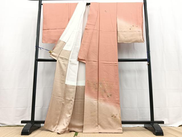 平和屋着物●訪問着 刺繍 花蝶文 薄紅色 暈し染め 金彩 正絹 逸品 未使用 BAAX9596yc