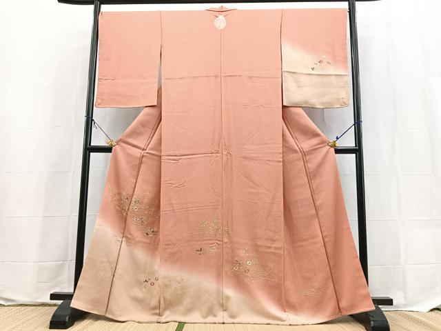 平和屋着物●訪問着 刺繍 花蝶文 薄紅色 暈し染め 金彩 正絹 逸品 未使用 BAAX9596yc