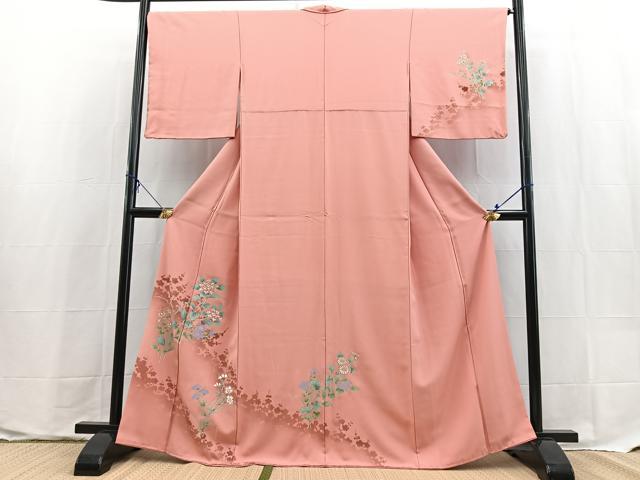平和屋着物●訪問着 草花文 シルエット 紅梅色 金彩 正絹 逸品 BAAX9600yc