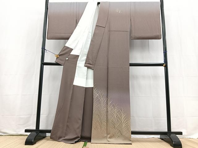 平和屋着物●訪問着 総刺繍 草葉文 暈し染め 金糸 正絹 逸品 BAAX9615yc