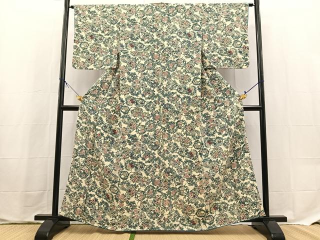 平和屋着物■上質な小紋 型染め 花丸文 鬼しぼ縮緬 正絹 逸品 BAAX9633yc