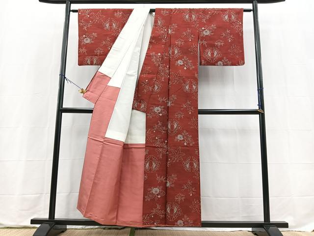 平和屋着物■上質な小紋 紬地 型染め 向かい蝶草花文 正絹 逸品 BAAX9652yc
