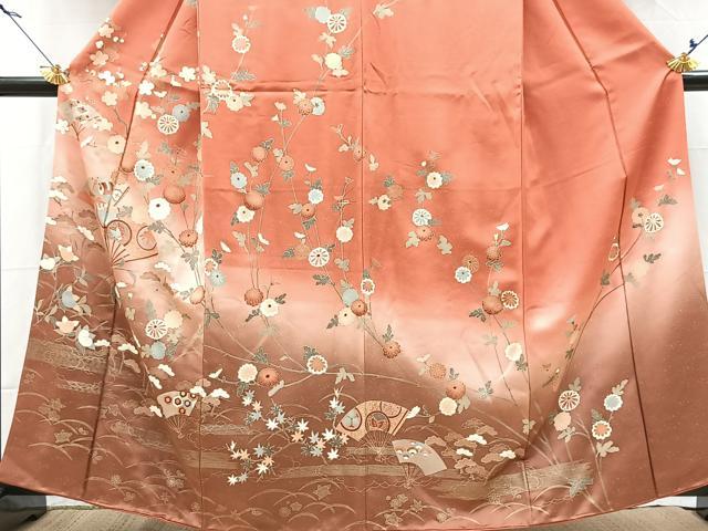 平和屋着物●訪問着 扇面吉祥花蝶文 暈し染め 金彩 正絹 逸品 BAAX9695yc