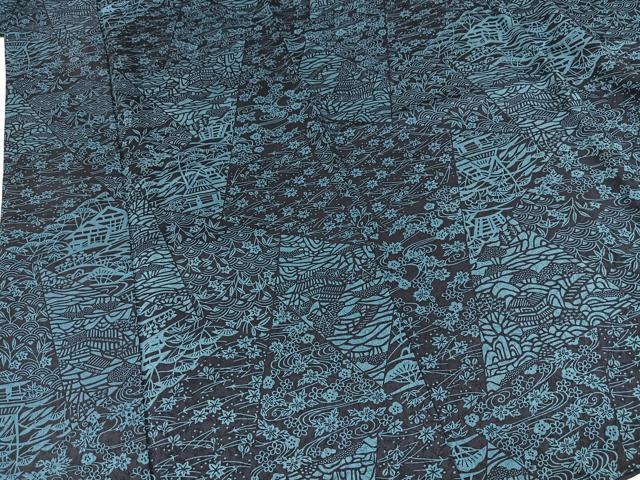 平和屋着物■上質な小紋 本藍 型絵染め 切嵌風景花文 正絹 逸品 BAAX9715yc