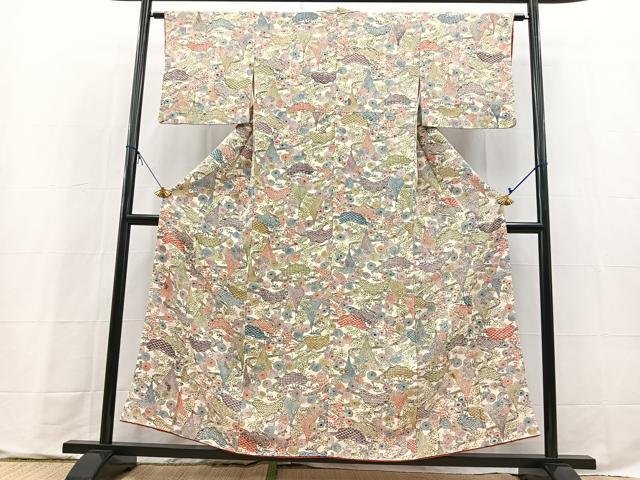 平和屋着物■上質な小紋 型染め 流水風景花文 鬼しぼ縮緬 正絹 逸品 BAAX9718yc