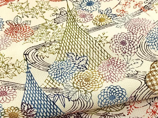 平和屋着物■上質な小紋 型染め 流水風景花文 鬼しぼ縮緬 正絹 逸品 BAAX9718yc