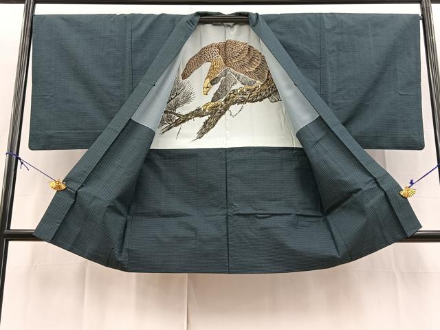 平和屋着物■男性 紬 アンサンブル 長羽織 100亀甲 亀甲文様 羽裏:鷹 正絹 逸品 BAAX9791yc