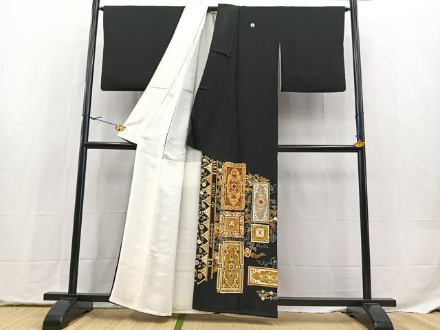 平和屋着物■豪華黒留袖 駒刺繍 吉祥更紗花文 金彩 正絹 逸品 BAAX9837yc