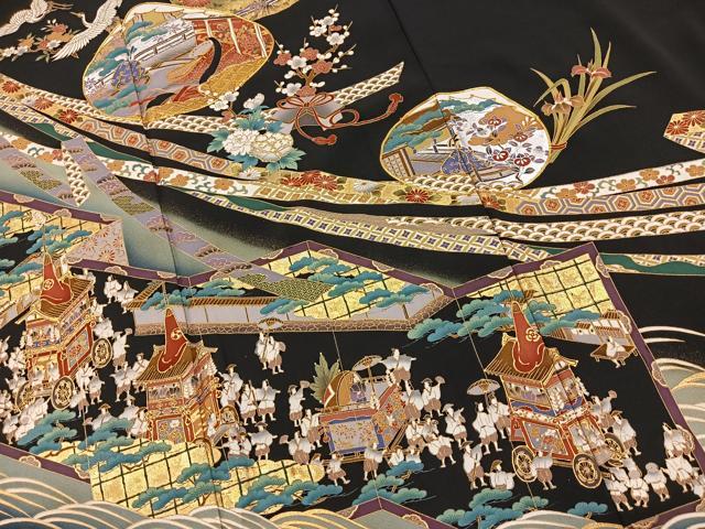 平和屋着物■豪華黒留袖 駒刺繍 飛鶴祇園祭文 金銀彩 正絹 逸品 BAAX9840yc