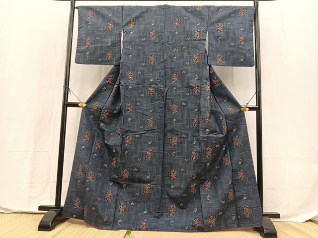 平和屋着物■本場村山大島紬 アンサンブル 幾何学花文 正絹 逸品 BAAX9841yc