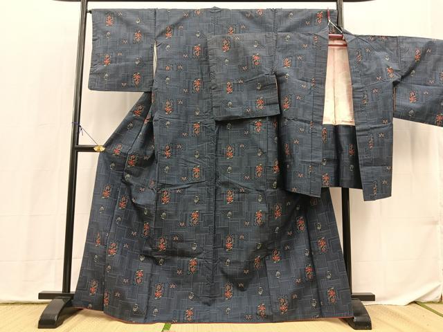 平和屋着物■本場村山大島紬 アンサンブル 幾何学花文 正絹 逸品 BAAX9841yc