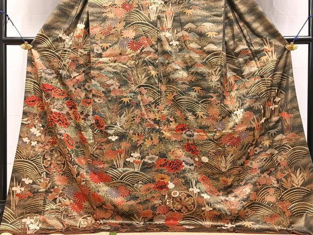 平和屋着物●訪問着 駒刺繍 松竹梅花車文 黒地 金彩 ロング丈 正絹 逸品 BAAX9842yc