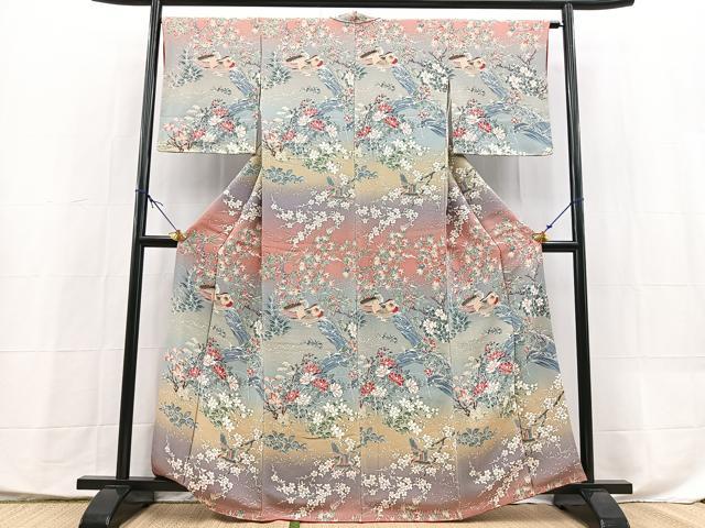 平和屋着物●訪問着 流水花鳥文 暈し染め 鬼しぼ縮緬 正絹 逸品 未使用 BAAX9846yc
